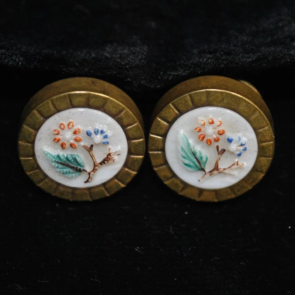 Antique Victorian Milk Glass Cufflinks with Painted Flowers